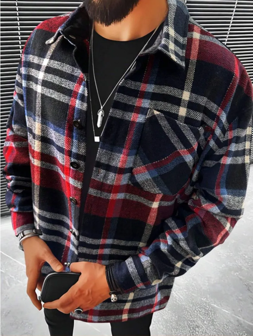 Men's Woolen Lapel Print Long Sleeve Shirt
