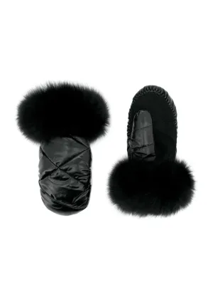 Nylon Mittens With Fox Trim [Black-MTJS01] S/M