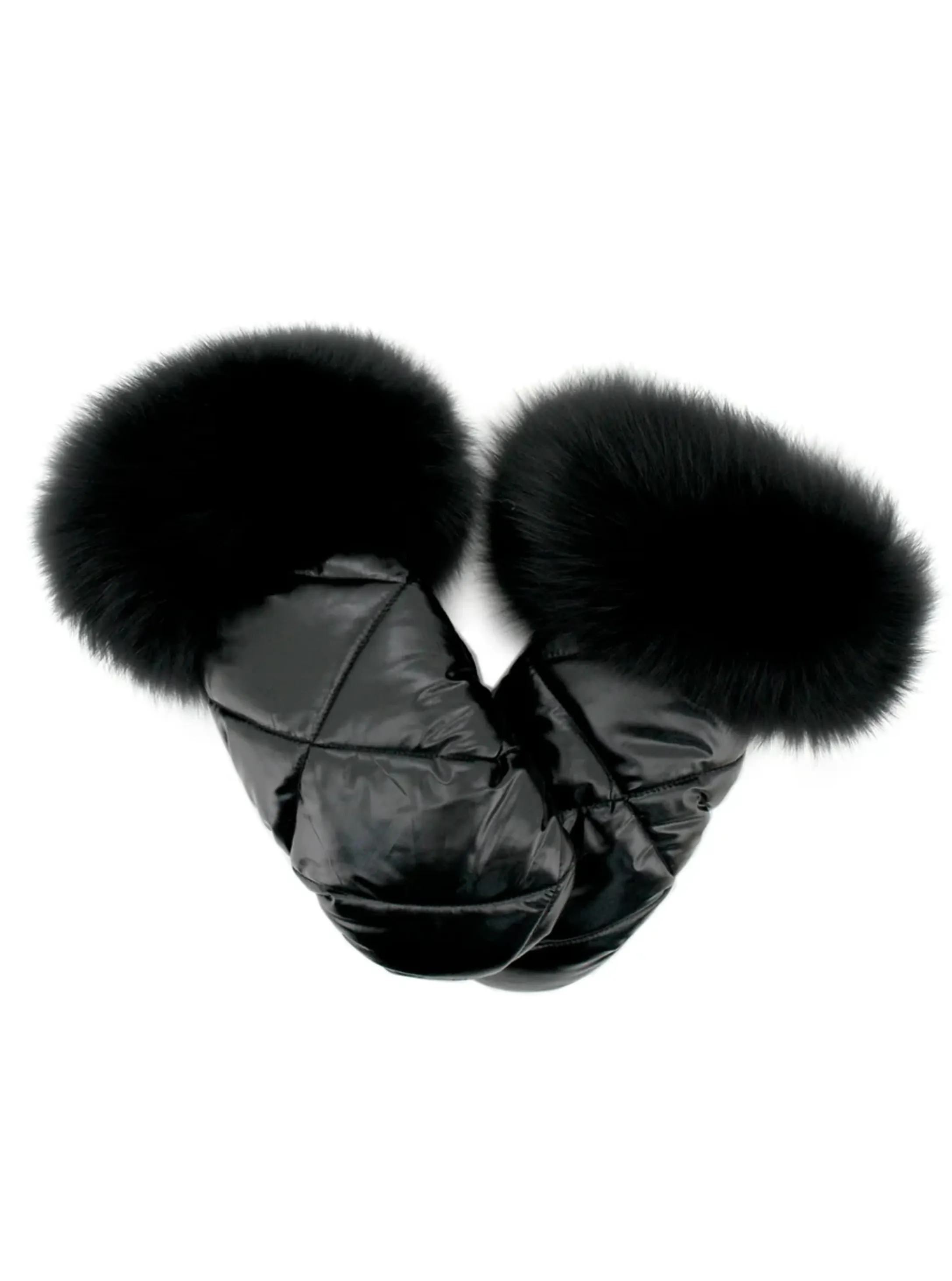 Nylon Mittens With Fox Trim [Black-MTJS01] S/M