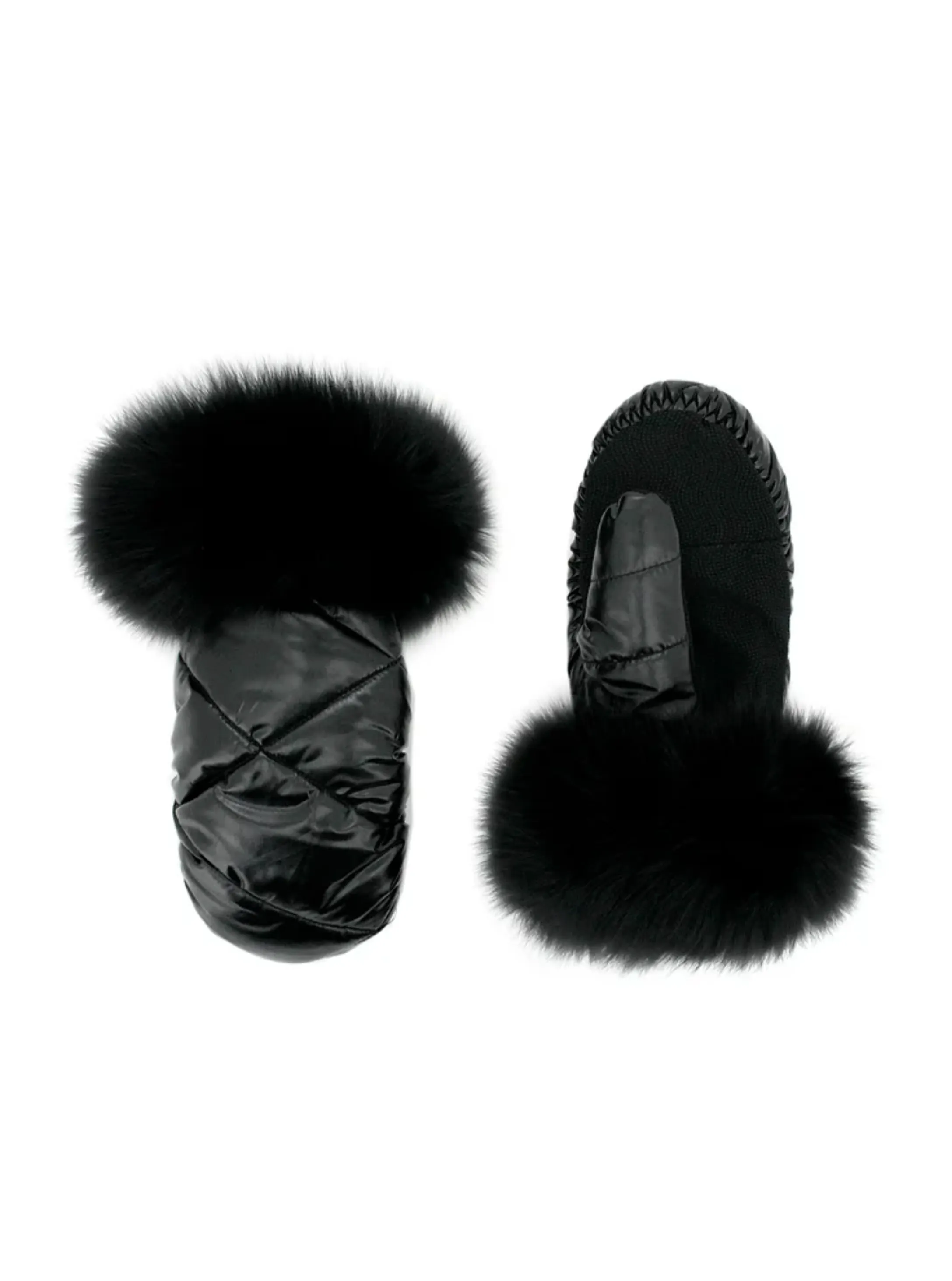 Nylon Mittens With Fox Trim [Black-MTJS01] S/M