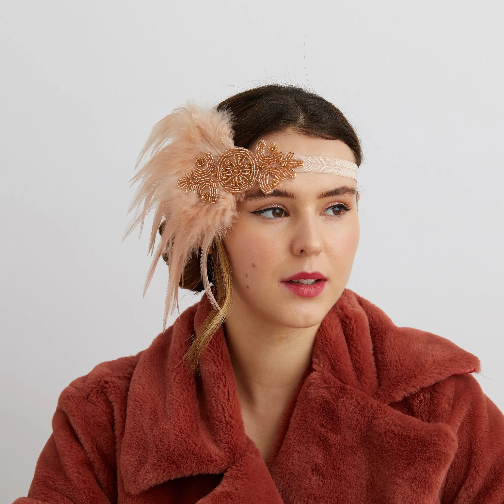 Rose Gold Flapper Headband with Feathers