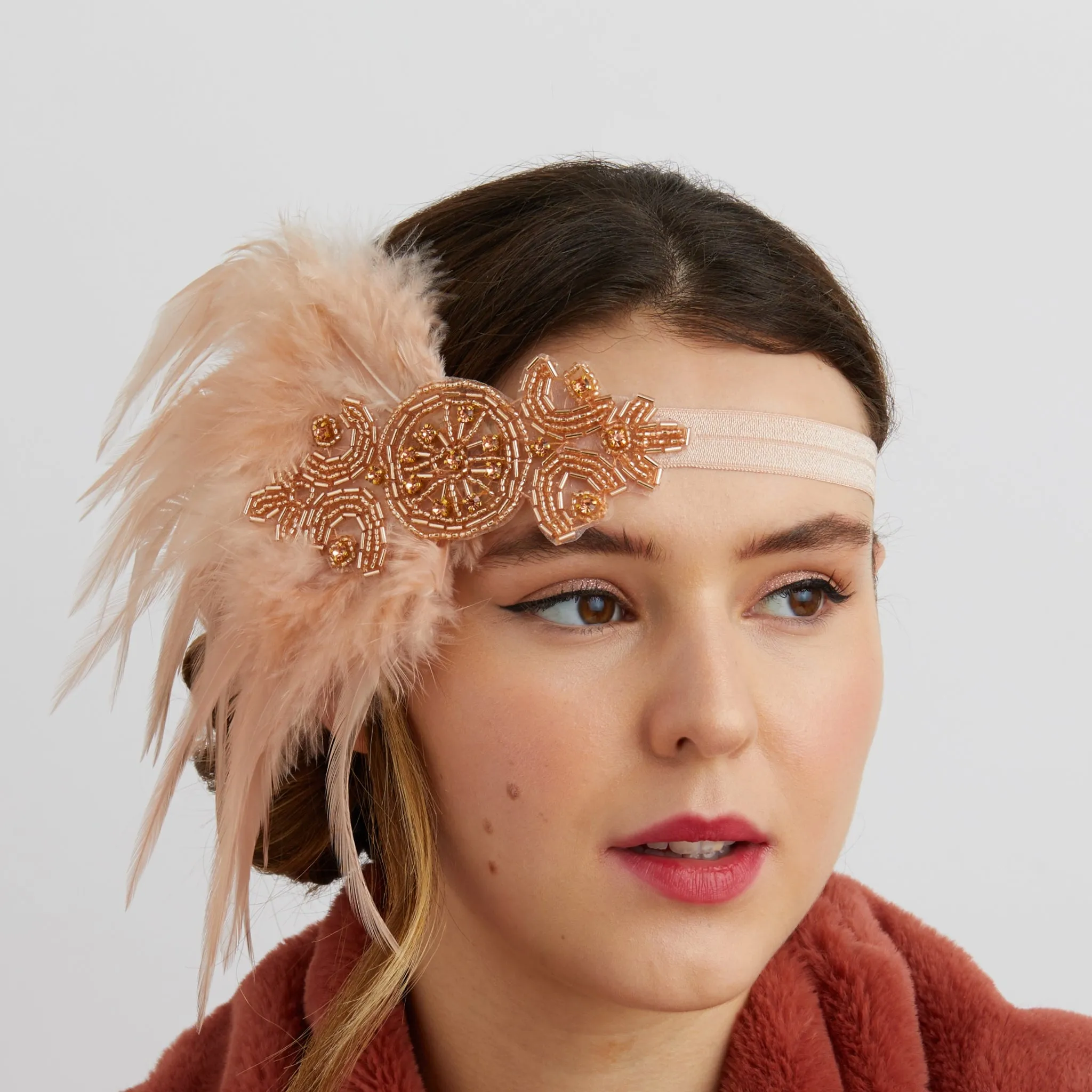 Rose Gold Flapper Headband with Feathers