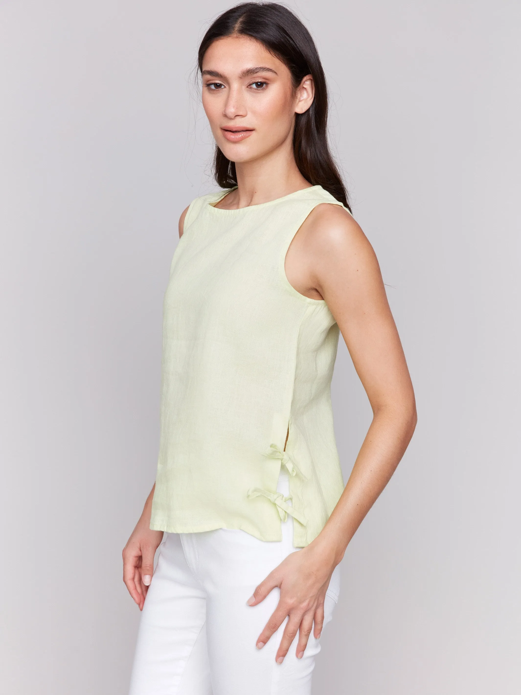 Sleeveless Linen Blend Top with Side Ties - Keylime