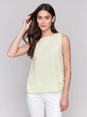 Sleeveless Linen Blend Top with Side Ties - Keylime