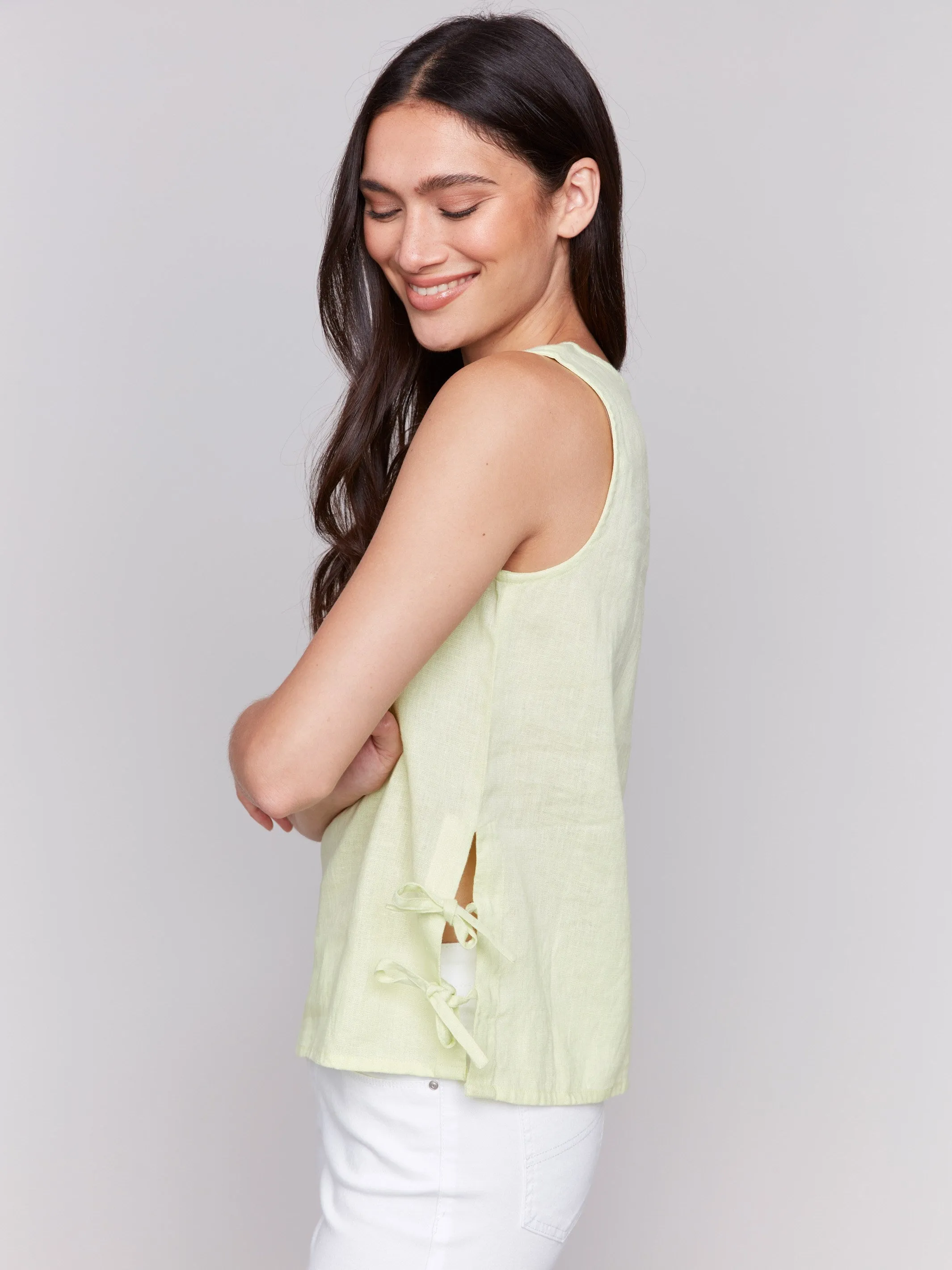 Sleeveless Linen Blend Top with Side Ties - Keylime