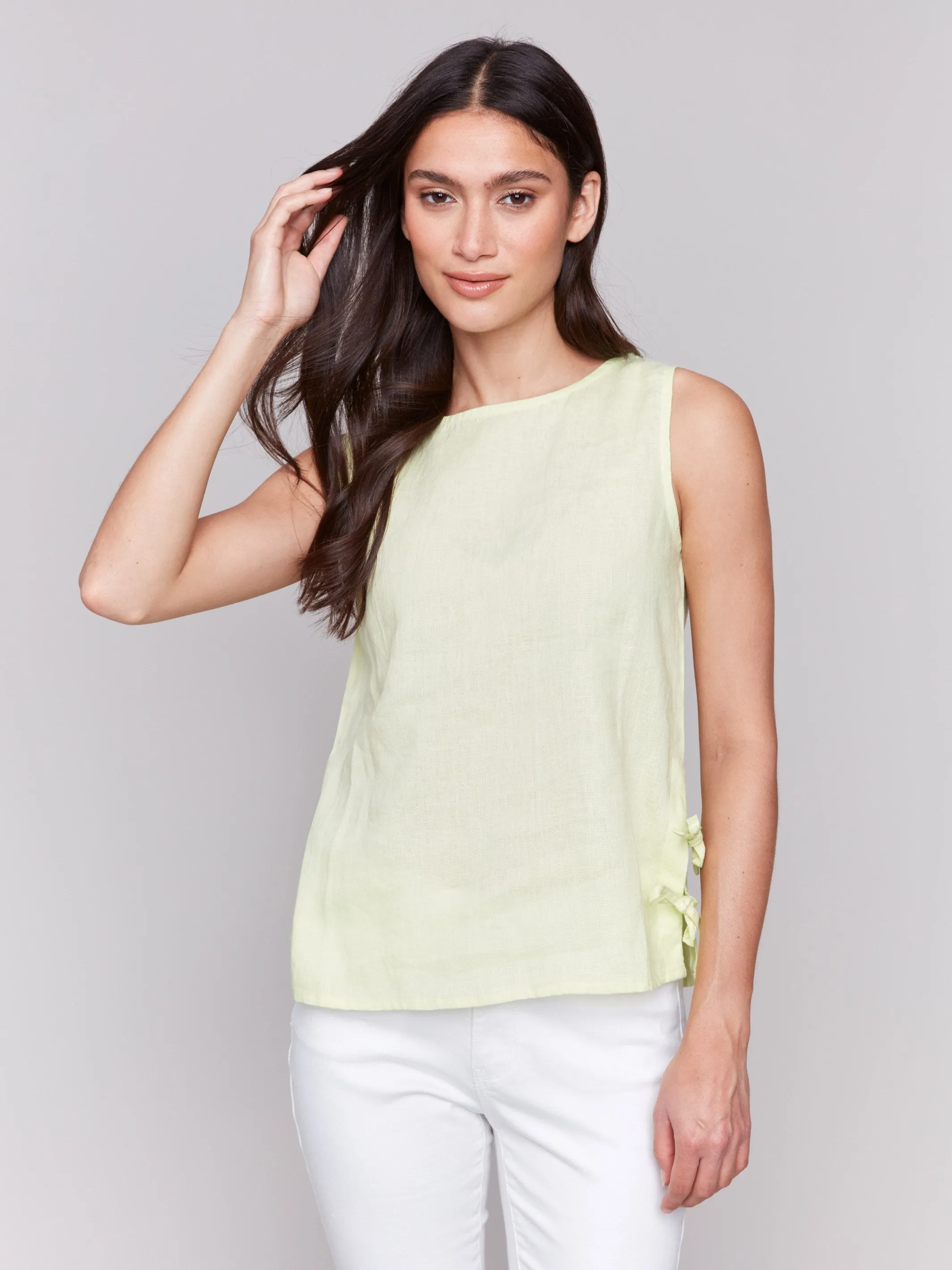 Sleeveless Linen Blend Top with Side Ties - Keylime