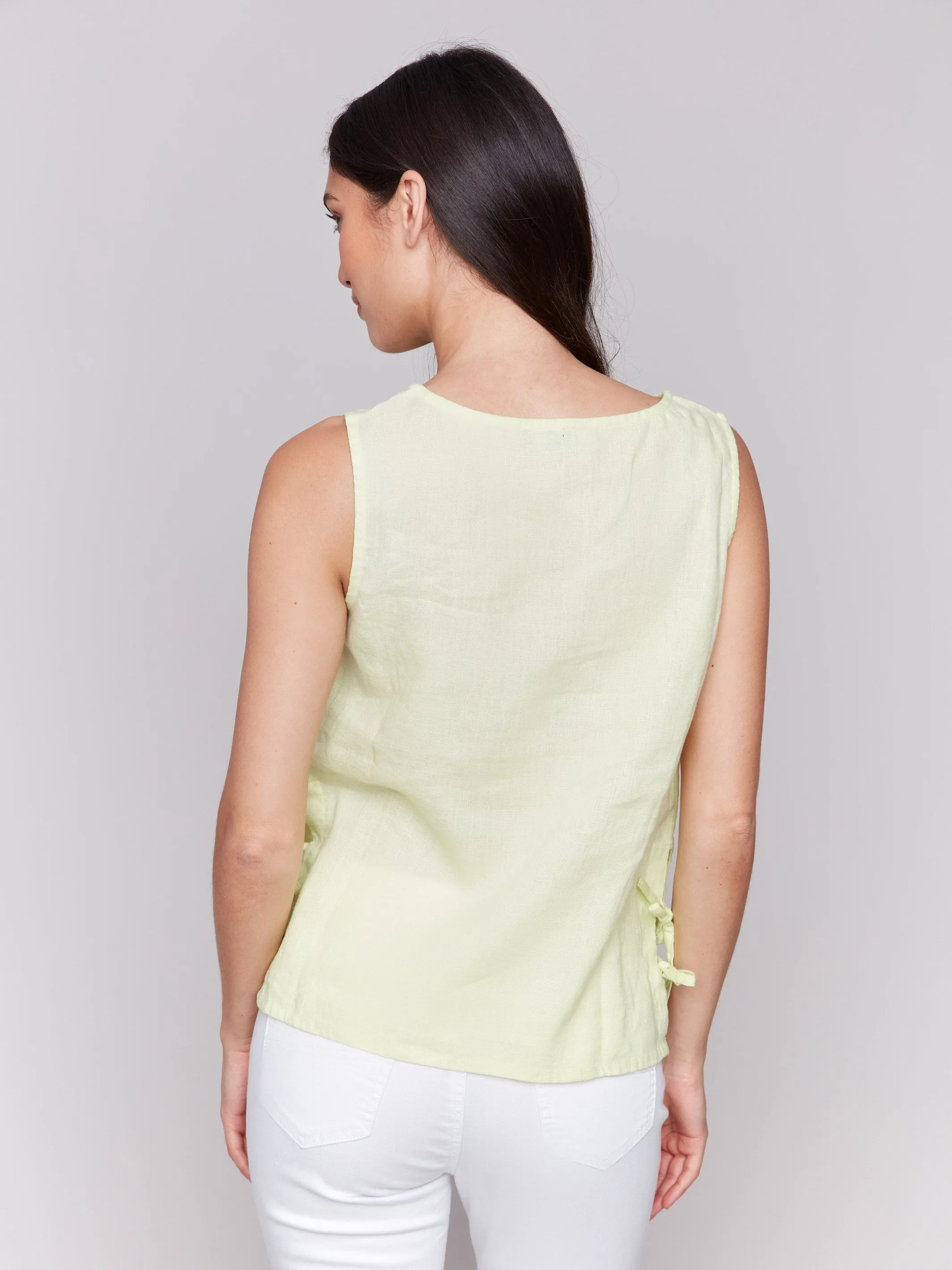 Sleeveless Linen Blend Top with Side Ties - Keylime