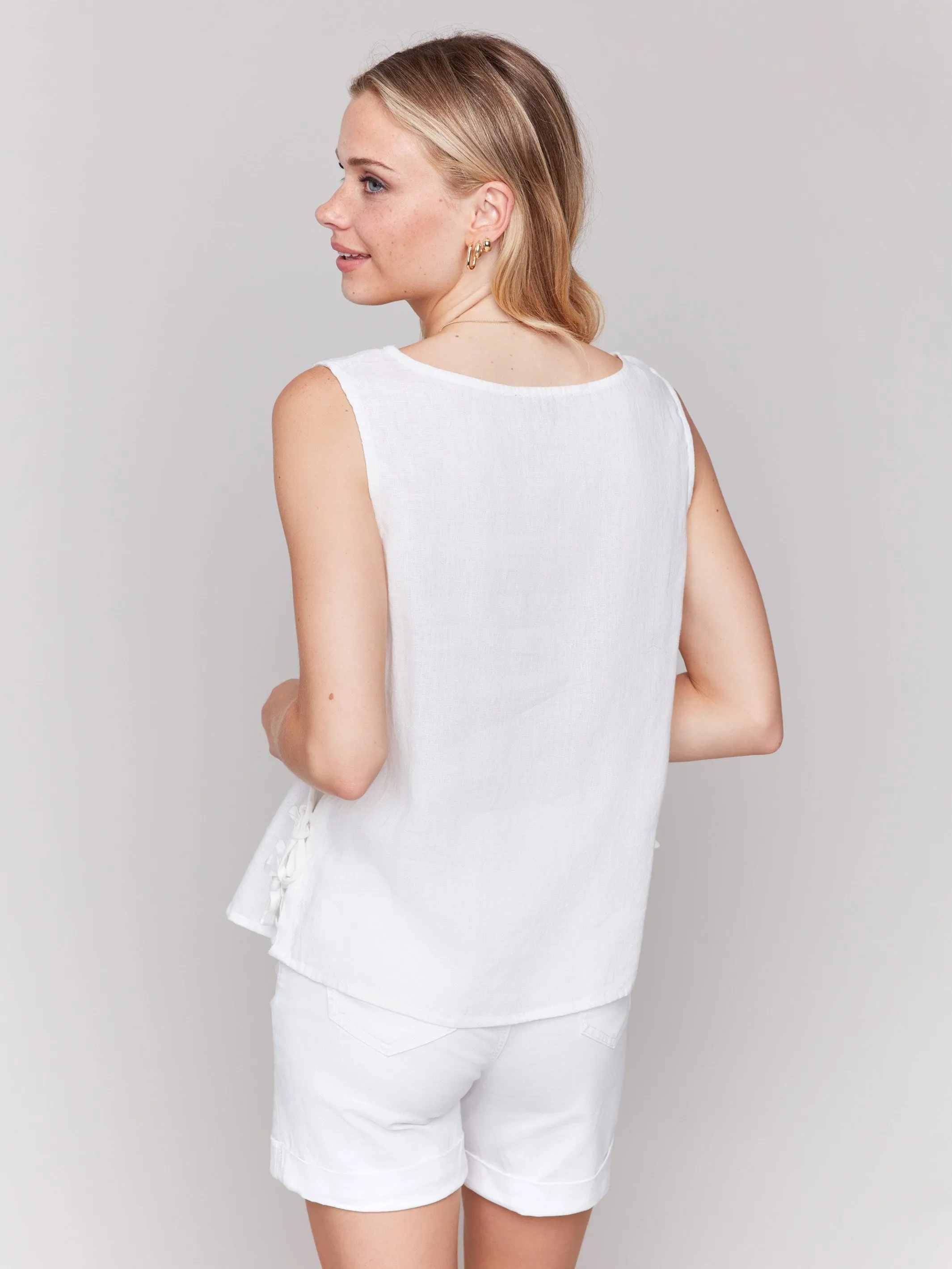 Sleeveless Linen Blend Top with Side Ties - White