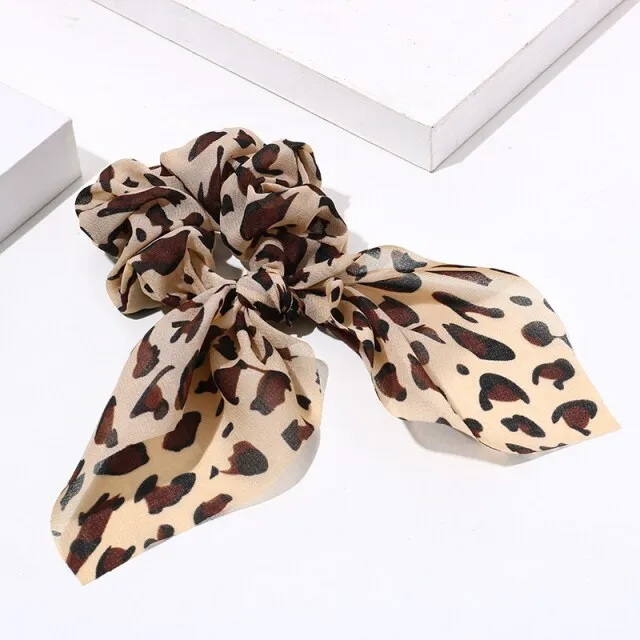 Women Streamers Leopard Print Polka Dot Floral Print Elastic Bow Hair Rope Girl Hair Ties Korean Sweet Hair Accessories Headwear