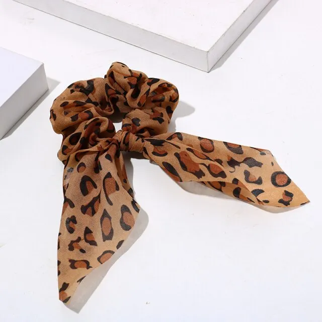 Women Streamers Leopard Print Polka Dot Floral Print Elastic Bow Hair Rope Girl Hair Ties Korean Sweet Hair Accessories Headwear