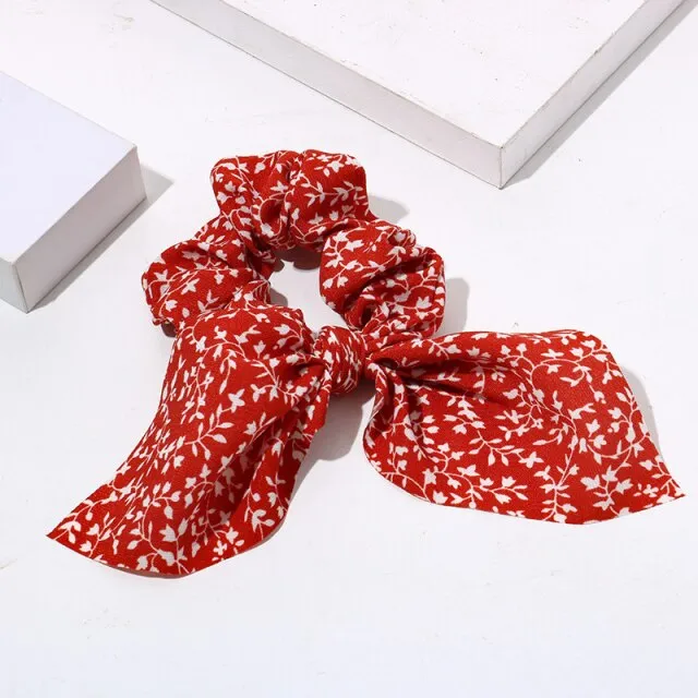 Women Streamers Leopard Print Polka Dot Floral Print Elastic Bow Hair Rope Girl Hair Ties Korean Sweet Hair Accessories Headwear