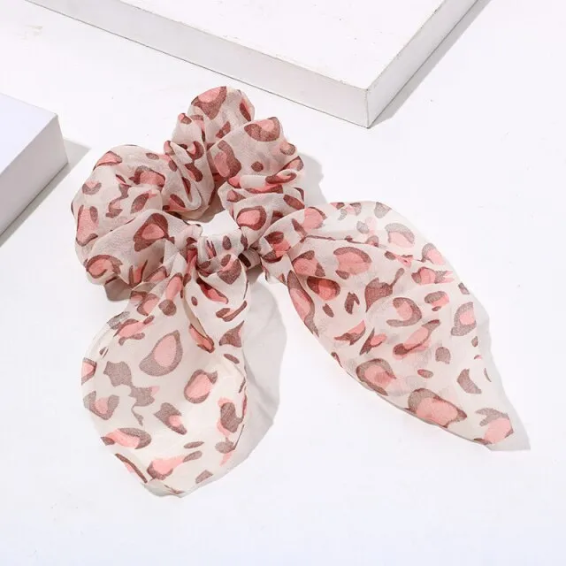 Women Streamers Leopard Print Polka Dot Floral Print Elastic Bow Hair Rope Girl Hair Ties Korean Sweet Hair Accessories Headwear